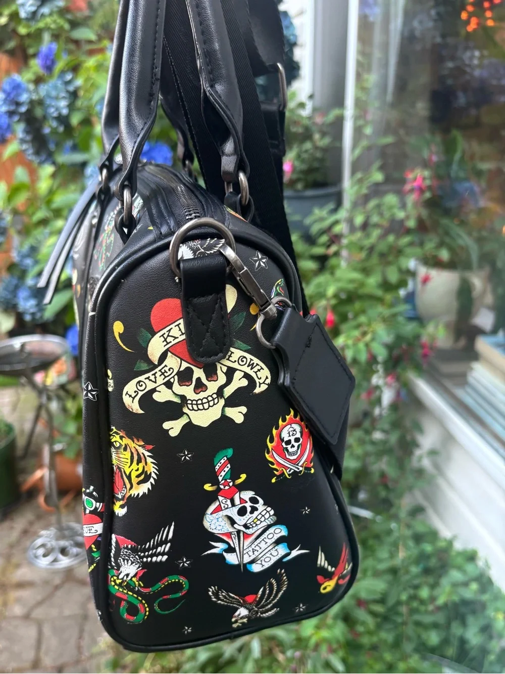 Ed Hardy Black Tattoo Flash Print Satchel Crossbody Bag Street Style Whimsygoth